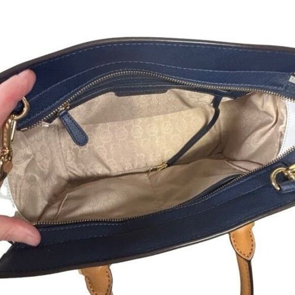 Michael Kors Selma Saffiano Leather Satchel Shoulder Bag Tricolor Navy White Tan - Picture 8 of 16